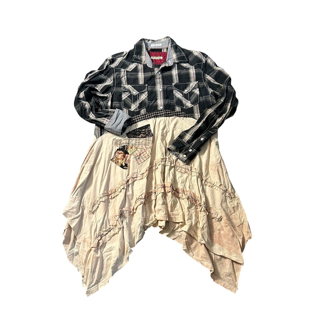 Revival Mixed Media Plaid Western Handkerchief HemShirt  Dress Boho Hippie